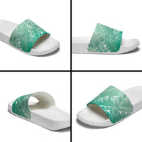 Hawaii Jade Green Kapa Slide Sandals Vintage 'Ohe Kāpala Motifs Mix Plumeria Leis