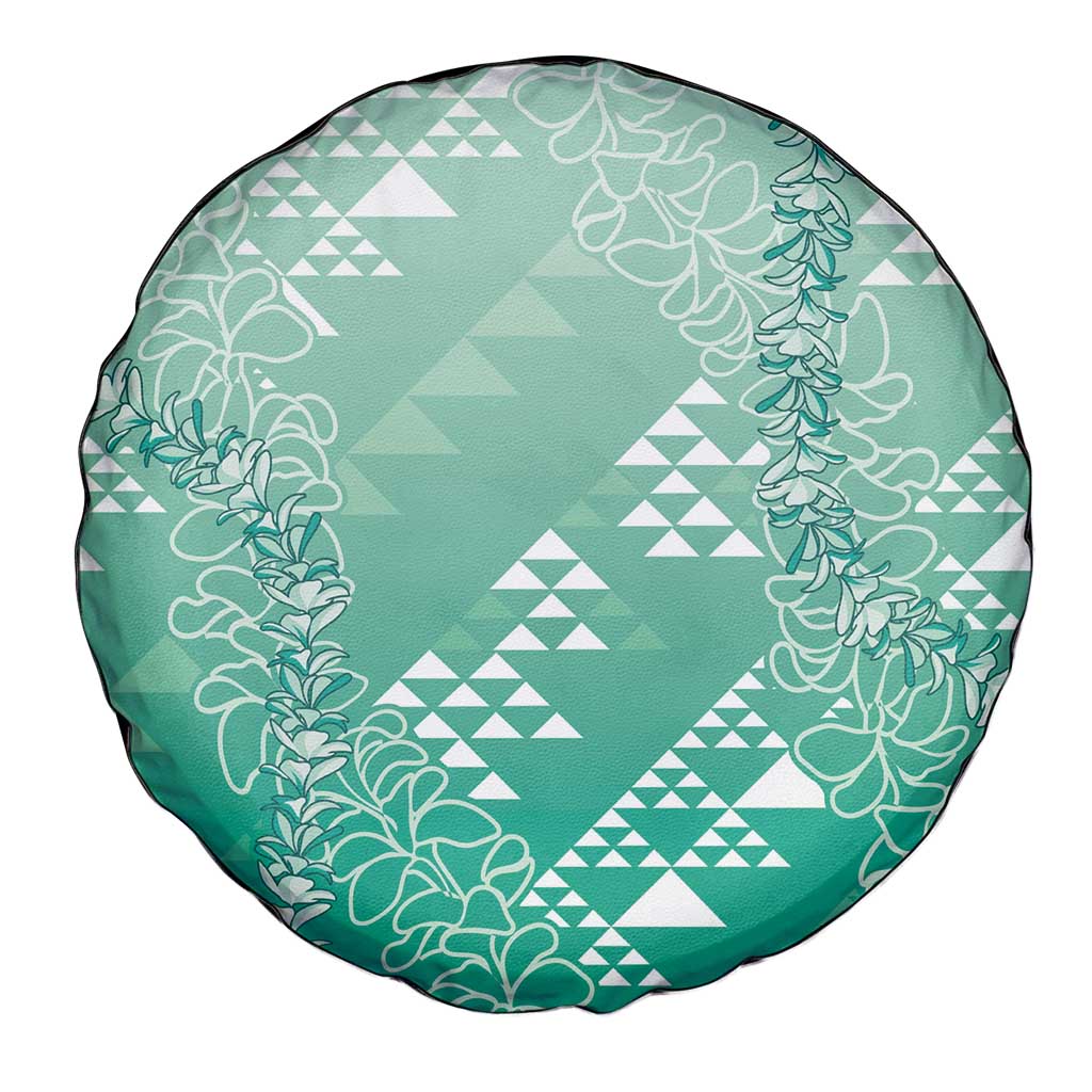 Hawaii Jade Green Kapa Spare Tire Cover Vintage 'Ohe Kāpala Motifs Mix Plumeria Leis