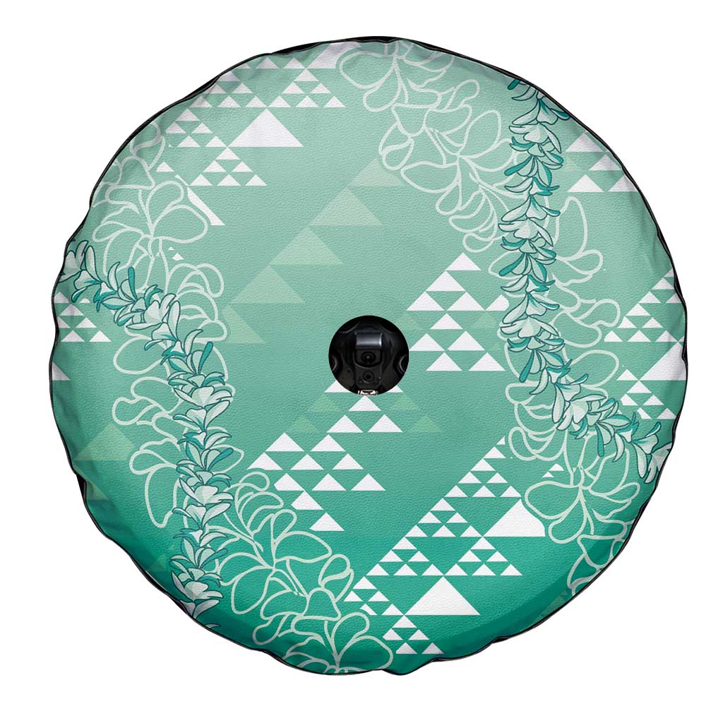Hawaii Jade Green Kapa Spare Tire Cover Vintage 'Ohe Kāpala Motifs Mix Plumeria Leis