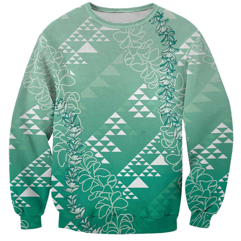 Hawaii Jade Green Kapa Sweatshirt Vintage 'Ohe Kāpala Motifs Mix Plumeria Leis