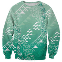 Hawaii Jade Green Kapa Sweatshirt Vintage 'Ohe Kāpala Motifs Mix Plumeria Leis