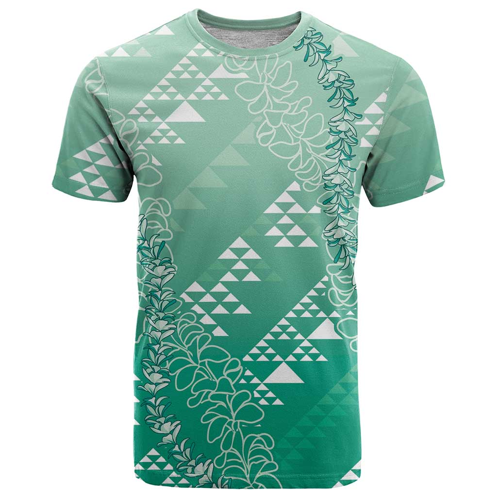 Hawaii Jade Green Kapa T Shirt Vintage 'Ohe Kāpala Motifs Mix Plumeria Leis LT7 Jade Green - Polynesian Pride