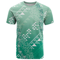 Hawaii Jade Green Kapa T Shirt Vintage 'Ohe Kāpala Motifs Mix Plumeria Leis LT7 Jade Green - Polynesian Pride