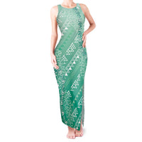 Hawaii Jade Green Kapa Tank Maxi Dress Vintage 'Ohe Kāpala Motifs Mix Plumeria Leis