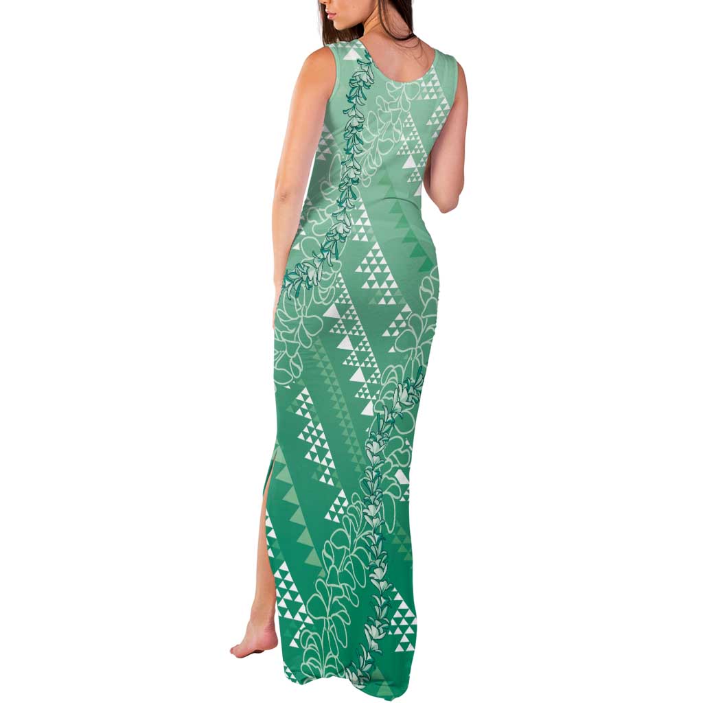 Hawaii Jade Green Kapa Tank Maxi Dress Vintage 'Ohe Kāpala Motifs Mix Plumeria Leis
