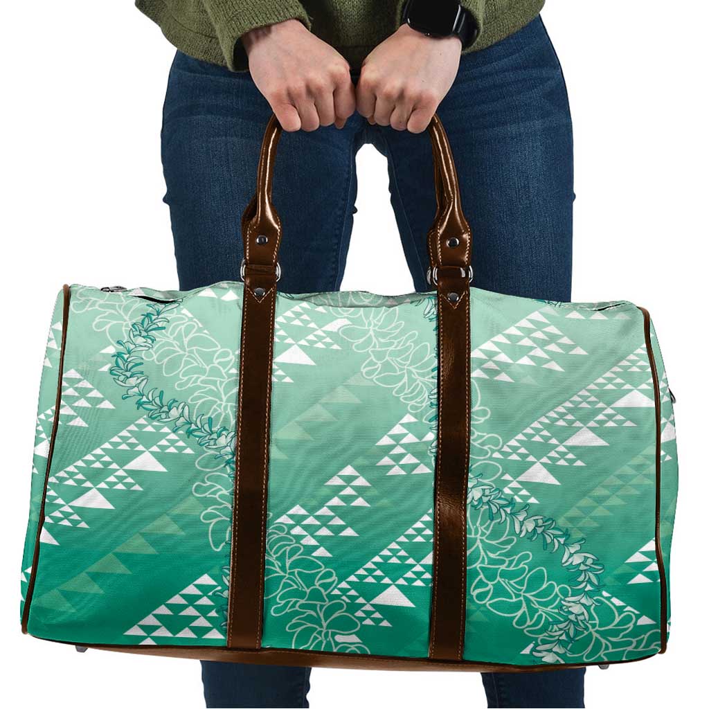 Hawaii Jade Green Kapa Travel Bag Vintage 'Ohe Kāpala Motifs Mix Plumeria Leis