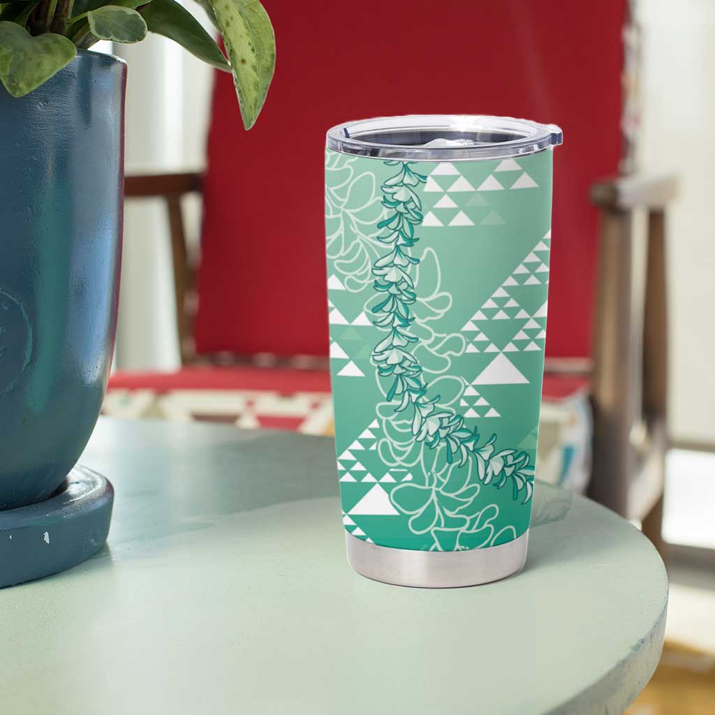 Hawaii Jade Green Kapa Tumbler Cup Vintage 'Ohe Kāpala Motifs Mix Plumeria Leis