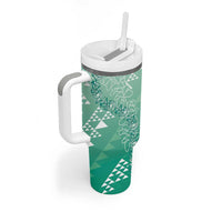 Hawaii Jade Green Kapa Tumbler With Handle Vintage 'Ohe Kāpala Motifs Mix Plumeria Leis