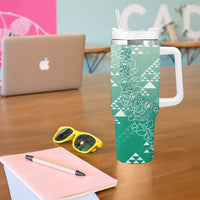 Hawaii Jade Green Kapa Tumbler With Handle Vintage 'Ohe Kāpala Motifs Mix Plumeria Leis