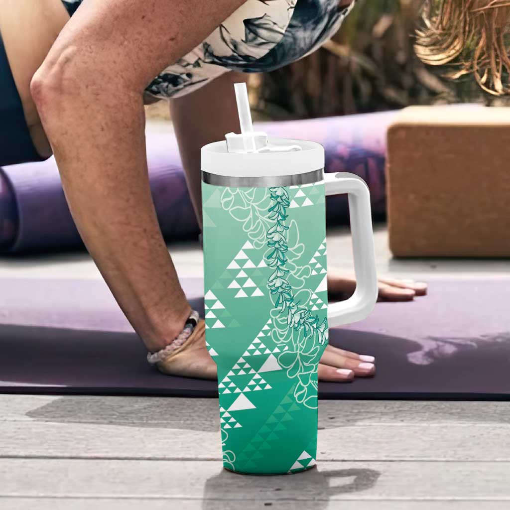Hawaii Jade Green Kapa Tumbler With Handle Vintage 'Ohe Kāpala Motifs Mix Plumeria Leis