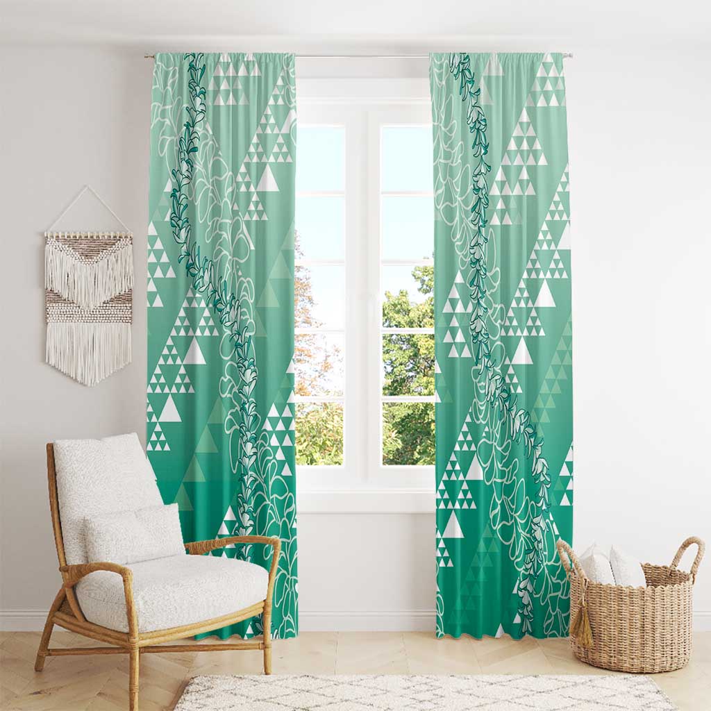 Hawaii Jade Green Kapa Window Curtain Vintage 'Ohe Kāpala Motifs Mix Plumeria Leis