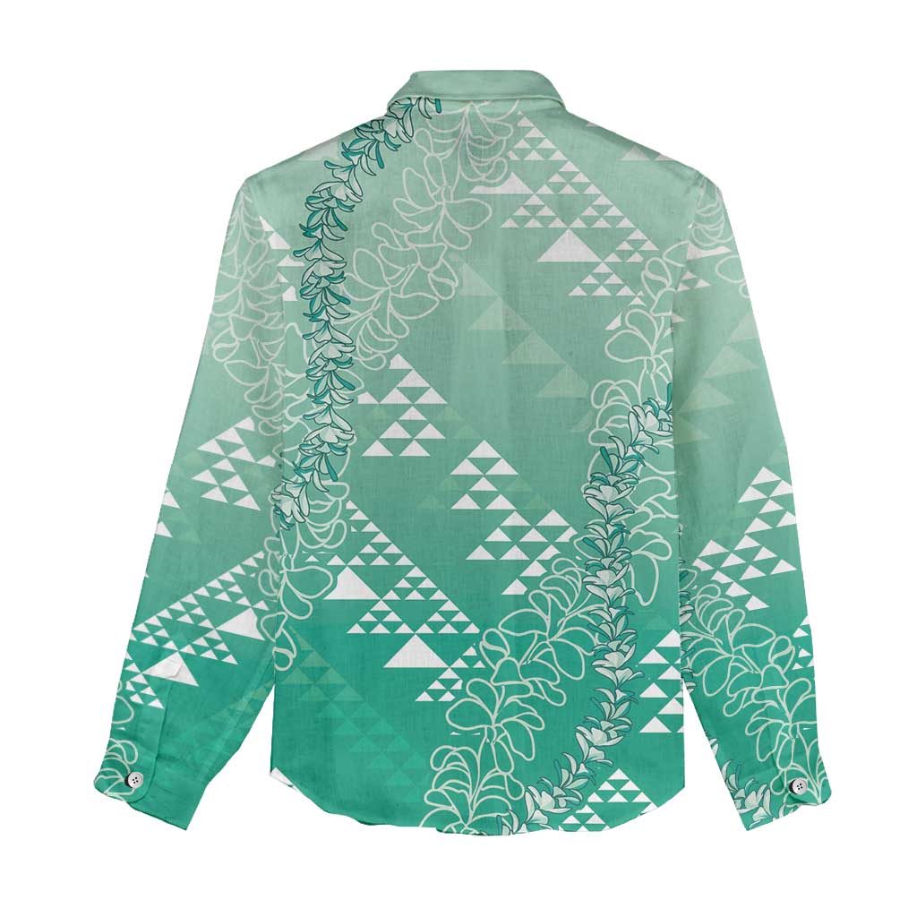 Hawaii Jade Green Kapa Women Casual Shirt Vintage 'Ohe Kāpala Motifs Mix Plumeria Leis LT7 - Polynesian Pride