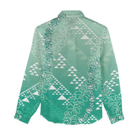 Hawaii Jade Green Kapa Women Casual Shirt Vintage 'Ohe Kāpala Motifs Mix Plumeria Leis LT7 - Polynesian Pride