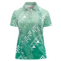 Hawaii Jade Green Kapa Women Polo Shirt Vintage 'Ohe Kāpala Motifs Mix Plumeria Leis LT7 Female Jade Green - Polynesian Pride