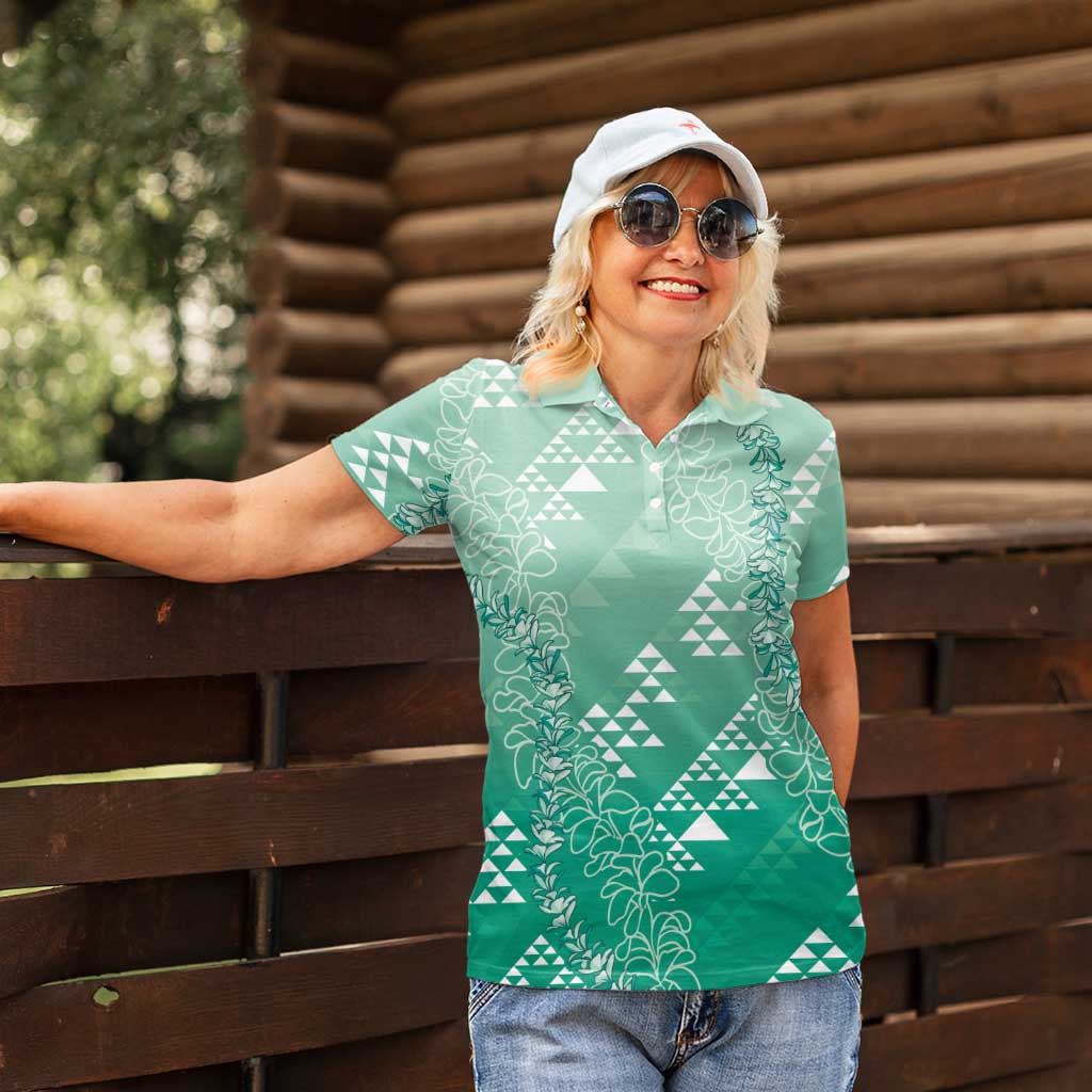 Hawaii Jade Green Kapa Women Polo Shirt Vintage 'Ohe Kāpala Motifs Mix Plumeria Leis LT7 - Polynesian Pride