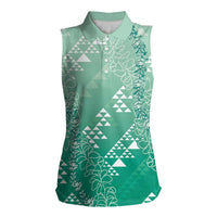 Hawaii Jade Green Kapa Women Sleeveless Polo Shirt Vintage 'Ohe Kāpala Motifs Mix Plumeria Leis LT7 Female Jade Green - Polynesian Pride