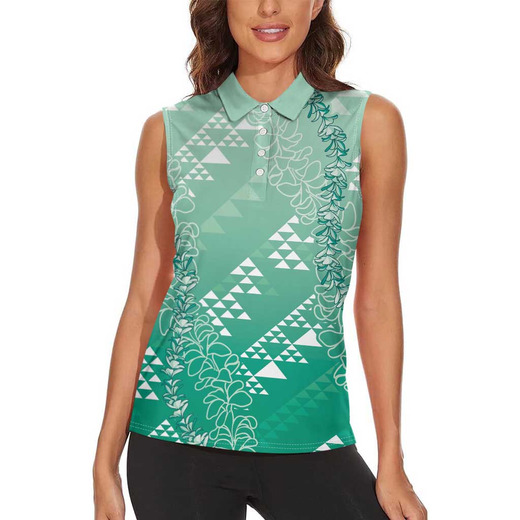 Hawaii Jade Green Kapa Women Sleeveless Polo Shirt Vintage 'Ohe Kāpala Motifs Mix Plumeria Leis LT7 - Polynesian Pride