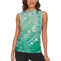 Hawaii Jade Green Kapa Women Sleeveless Polo Shirt Vintage 'Ohe Kāpala Motifs Mix Plumeria Leis LT7 - Polynesian Pride