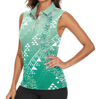 Hawaii Jade Green Kapa Women Sleeveless Polo Shirt Vintage 'Ohe Kāpala Motifs Mix Plumeria Leis LT7 - Polynesian Pride