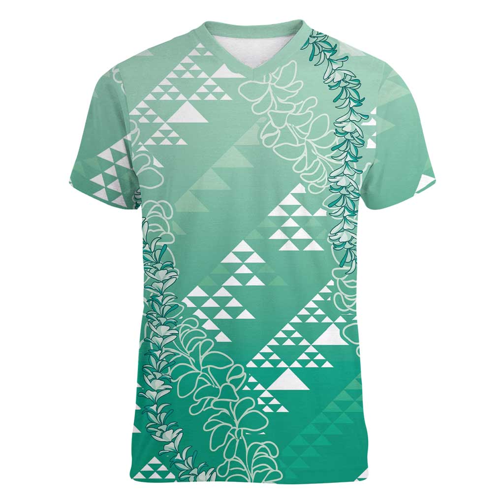 Hawaii Jade Green Kapa Women V-Neck T-Shirt Vintage 'Ohe Kāpala Motifs Mix Plumeria Leis LT7 Female Jade Green - Polynesian Pride