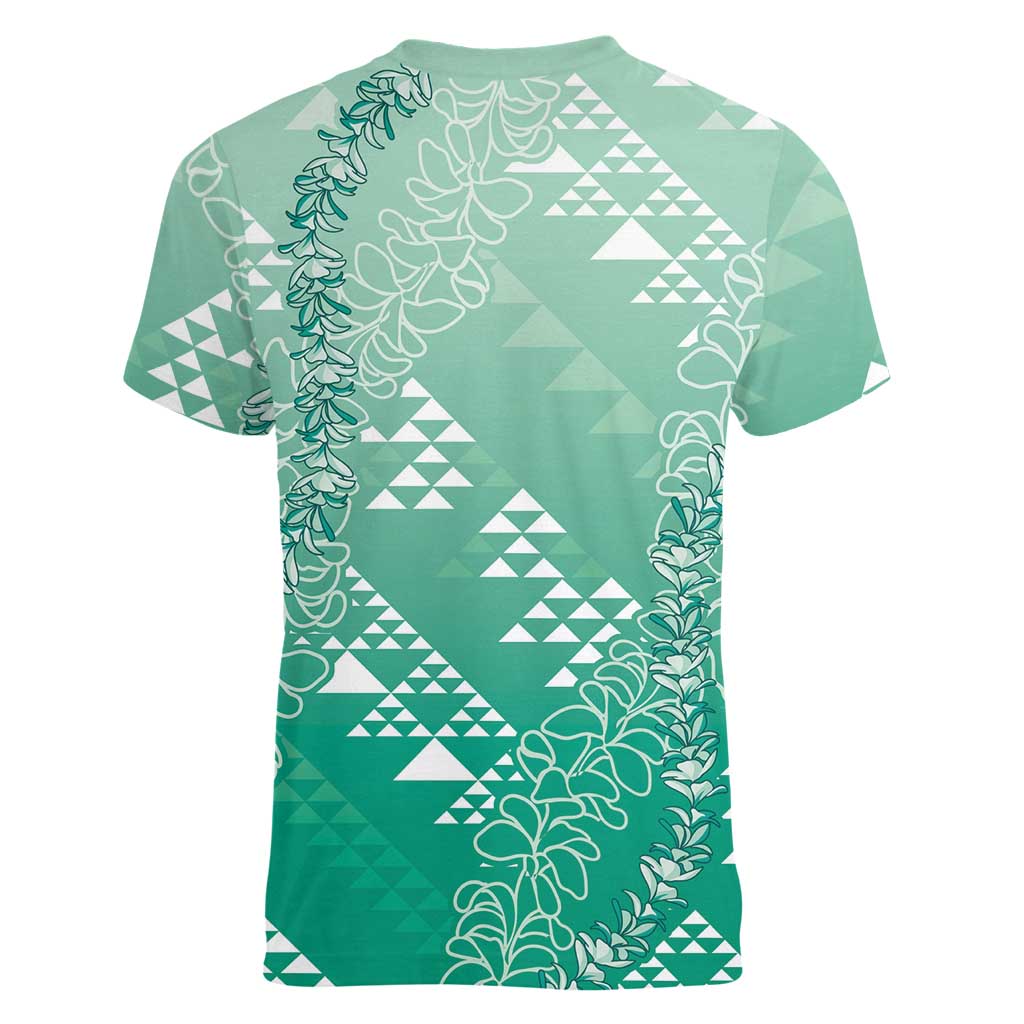 Hawaii Jade Green Kapa Women V-Neck T-Shirt Vintage 'Ohe Kāpala Motifs Mix Plumeria Leis LT7 - Polynesian Pride
