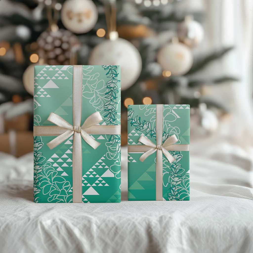 Hawaii Kapa Vintage Motifs Mix Plumeria Leis Wrapping Paper Jade Green