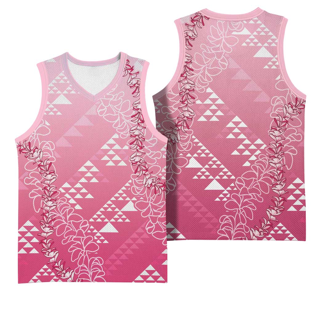 Hawaii Rose Pink Kapa Basketball Jersey Vintage 'Ohe Kāpala Motifs Mix Plumeria Leis