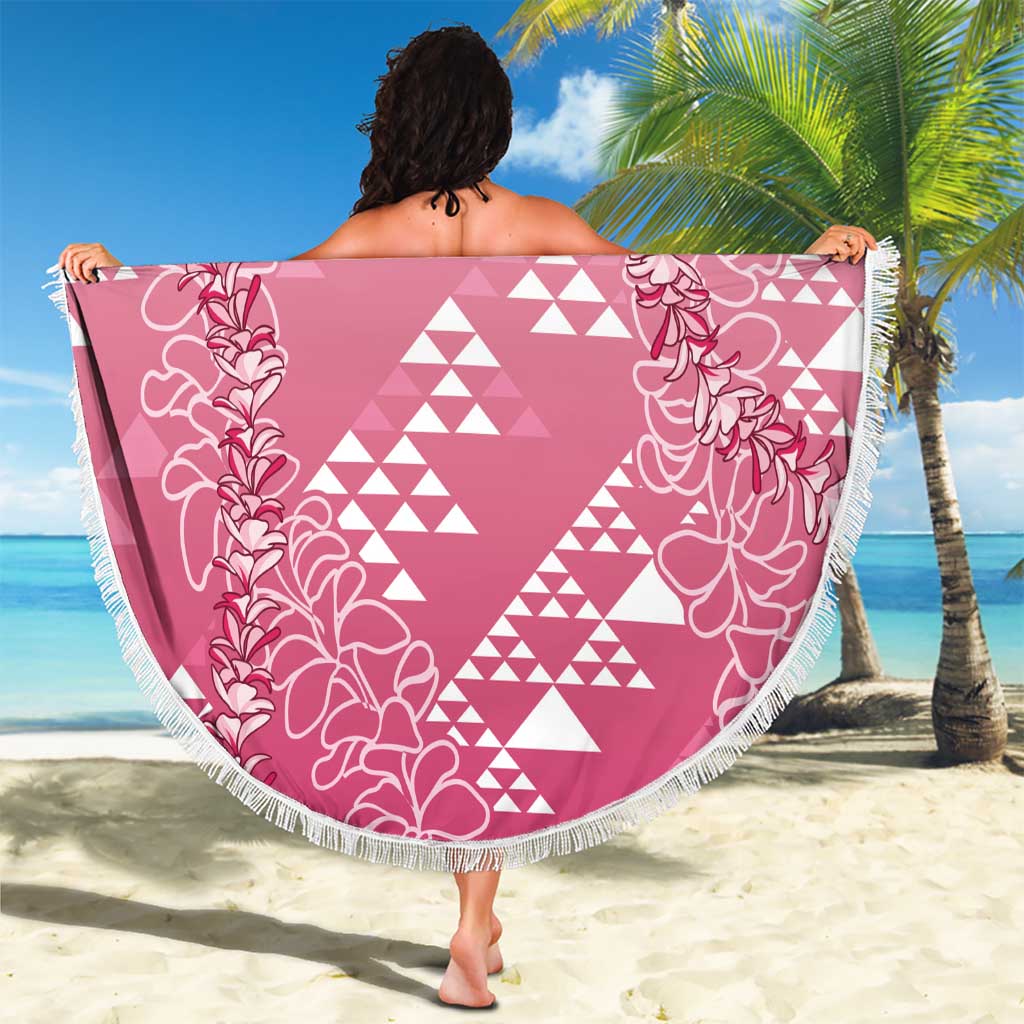 Hawaii Rose Pink Kapa Beach Blanket Vintage 'Ohe Kāpala Motifs Mix Plumeria Leis