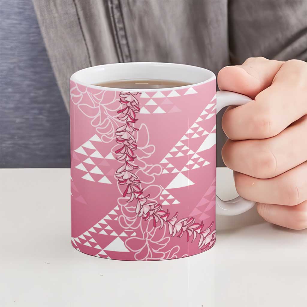 Hawaii Rose Pink Kapa Ceramic Mug Vintage 'Ohe Kāpala Motifs Mix Plumeria Leis