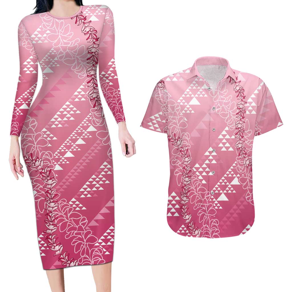 Hawaii Rose Pink Kapa Couples Matching Long Sleeve Bodycon Dress and Hawaiian Shirt Vintage 'Ohe Kāpala Motifs Mix Plumeria Leis