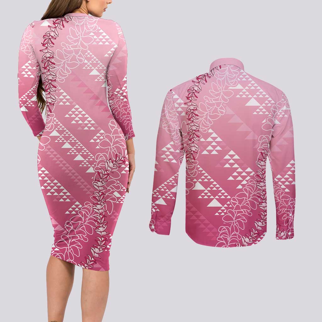 Hawaii Rose Pink Kapa Couples Matching Long Sleeve Bodycon Dress and Long Sleeve Button Shirt Vintage 'Ohe Kāpala Motifs Mix Plumeria Leis LT7 - Polynesian Pride