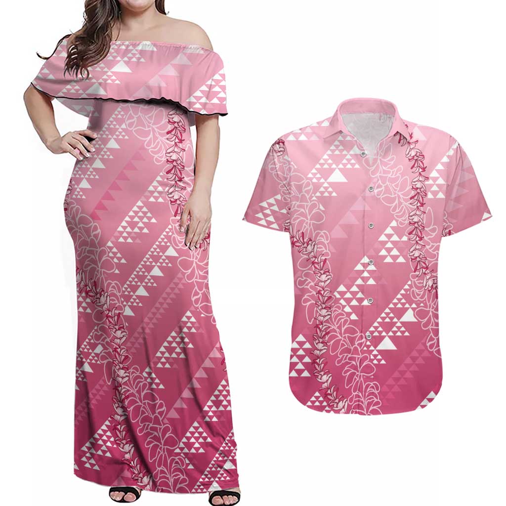 Hawaii Rose Pink Kapa Couples Matching Off Shoulder Maxi Dress and Hawaiian Shirt Vintage 'Ohe Kāpala Motifs Mix Plumeria Leis LT7 Rose Pink - Polynesian Pride