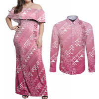 Hawaii Rose Pink Kapa Couples Matching Off Shoulder Maxi Dress and Long Sleeve Button Shirt Vintage 'Ohe Kāpala Motifs Mix Plumeria Leis LT7 Rose Pink - Polynesian Pride