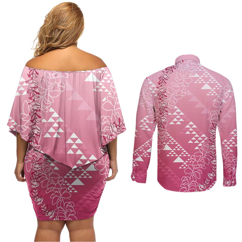 Hawaii Rose Pink Kapa Couples Matching Off Shoulder Short Dress and Long Sleeve Button Shirt Vintage 'Ohe Kāpala Motifs Mix Plumeria Leis LT7 - Polynesian Pride