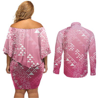 Hawaii Rose Pink Kapa Couples Matching Off Shoulder Short Dress and Long Sleeve Button Shirt Vintage 'Ohe Kāpala Motifs Mix Plumeria Leis LT7 - Polynesian Pride