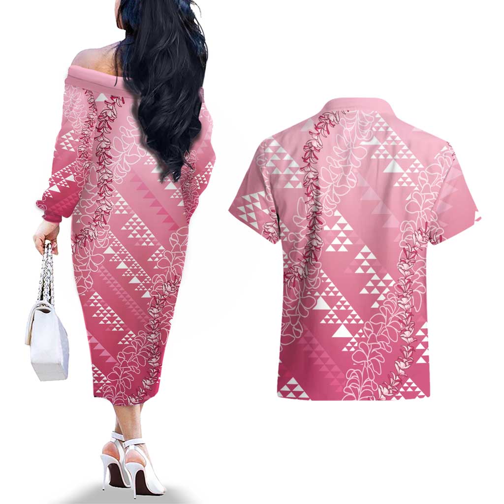 Hawaii Rose Pink Kapa Couples Matching Off The Shoulder Long Sleeve Dress and Hawaiian Shirt Vintage 'Ohe Kāpala Motifs Mix Plumeria Leis LT7 - Polynesian Pride