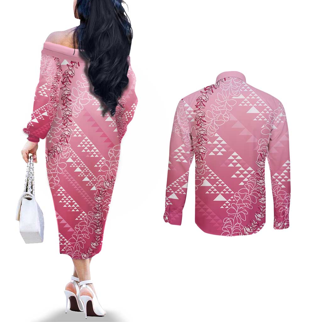 Hawaii Rose Pink Kapa Couples Matching Off The Shoulder Long Sleeve Dress and Long Sleeve Button Shirt Vintage 'Ohe Kāpala Motifs Mix Plumeria Leis LT7 - Polynesian Pride