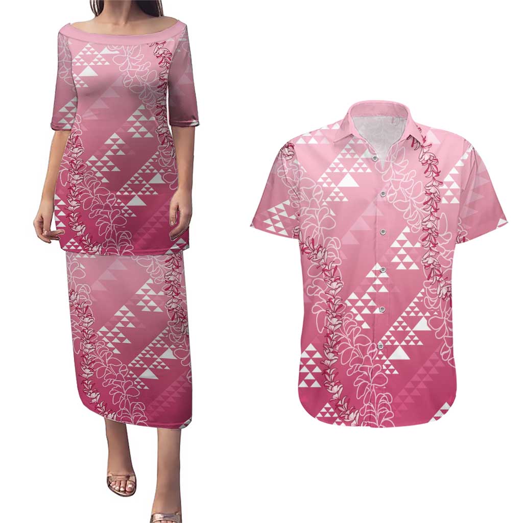Hawaii Rose Pink Kapa Couples Matching Puletasi and Hawaiian Shirt Vintage 'Ohe Kāpala Motifs Mix Plumeria Leis