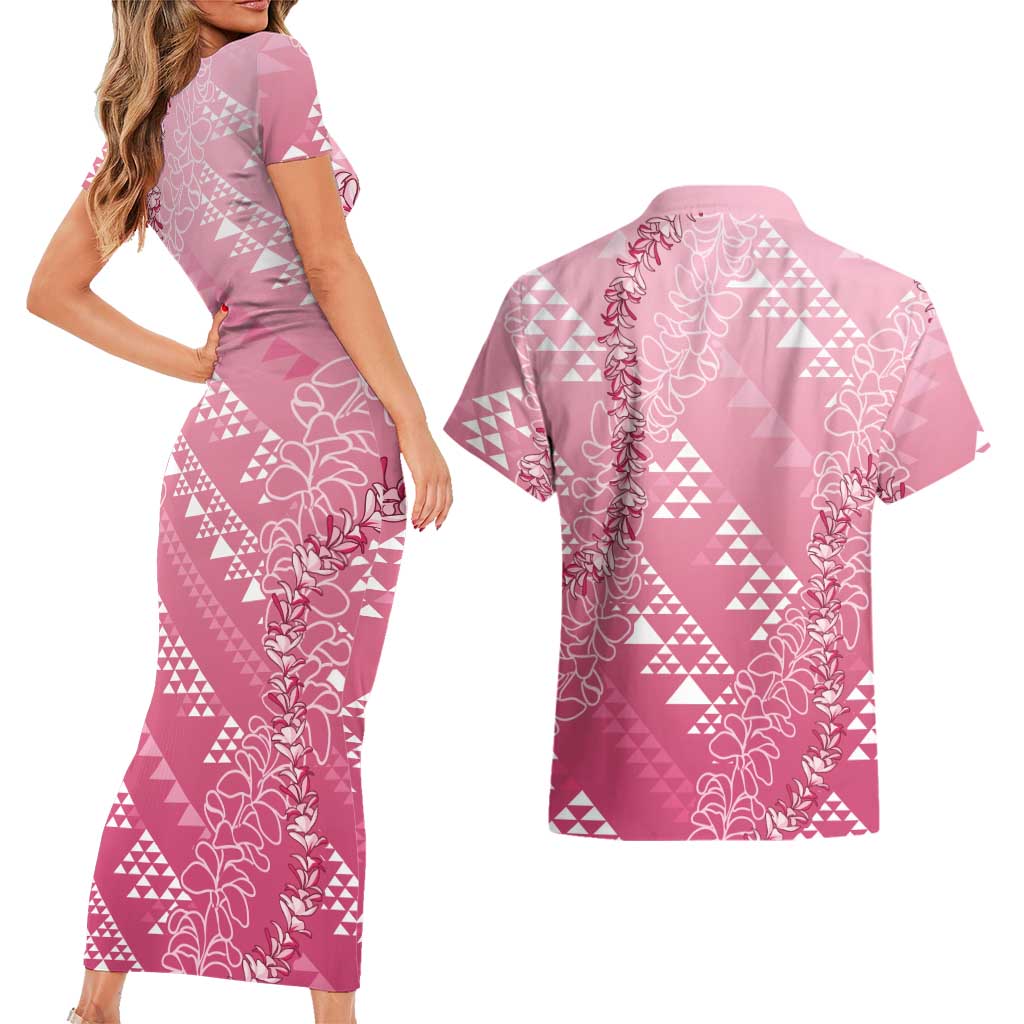 Hawaii Rose Pink Kapa Couples Matching Short Sleeve Bodycon Dress and Hawaiian Shirt Vintage 'Ohe Kāpala Motifs Mix Plumeria Leis LT7 - Polynesian Pride