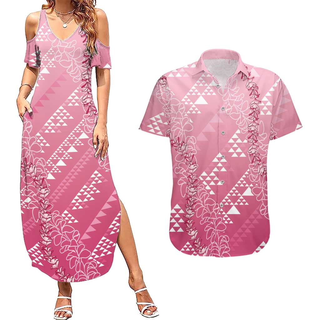 Hawaii Rose Pink Kapa Couples Matching Summer Maxi Dress and Hawaiian Shirt Vintage 'Ohe Kāpala Motifs Mix Plumeria Leis LT7 Rose Pink - Polynesian Pride