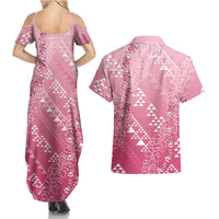 Hawaii Rose Pink Kapa Couples Matching Summer Maxi Dress and Hawaiian Shirt Vintage 'Ohe Kāpala Motifs Mix Plumeria Leis LT7 - Polynesian Pride