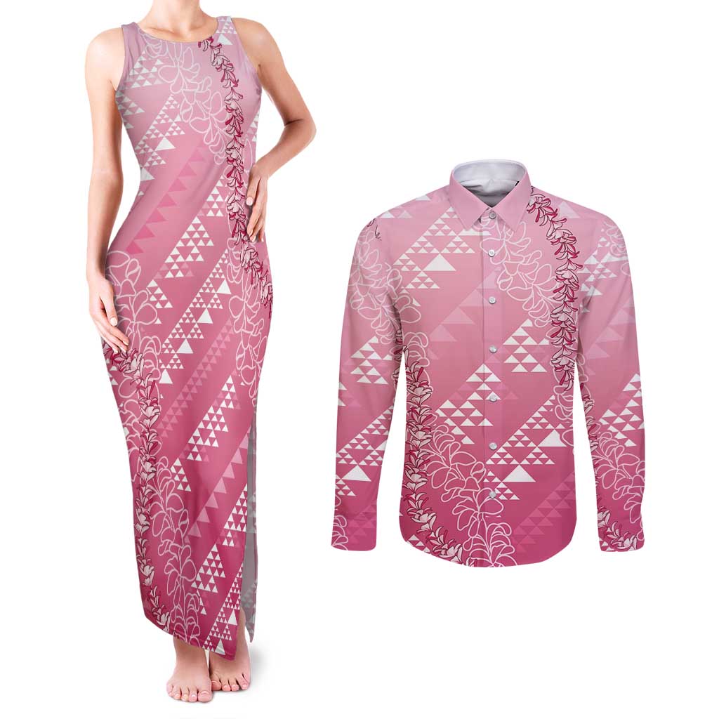 Hawaii Rose Pink Kapa Couples Matching Tank Maxi Dress and Long Sleeve Button Shirt Vintage 'Ohe Kāpala Motifs Mix Plumeria Leis LT7 Rose Pink - Polynesian Pride