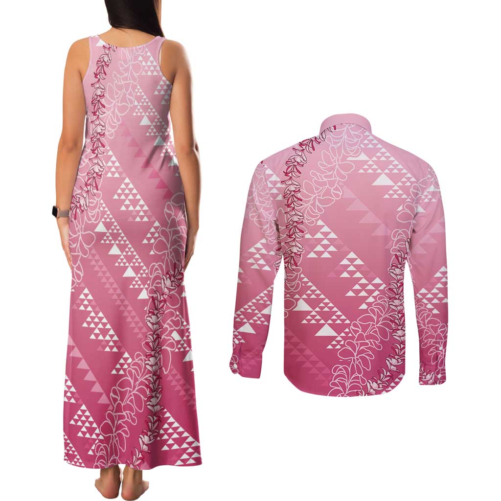 Hawaii Rose Pink Kapa Couples Matching Tank Maxi Dress and Long Sleeve Button Shirt Vintage 'Ohe Kāpala Motifs Mix Plumeria Leis LT7 - Polynesian Pride