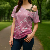 Hawaii Rose Pink Kapa Cross Shoulder Shirt Vintage 'Ohe Kāpala Motifs Mix Plumeria Leis LT7 - Polynesian Pride