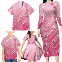 Hawaii Rose Pink Kapa Family Matching Long Sleeve Bodycon Dress and Hawaiian Shirt Vintage 'Ohe Kāpala Motifs Mix Plumeria Leis LT7 - Polynesian Pride