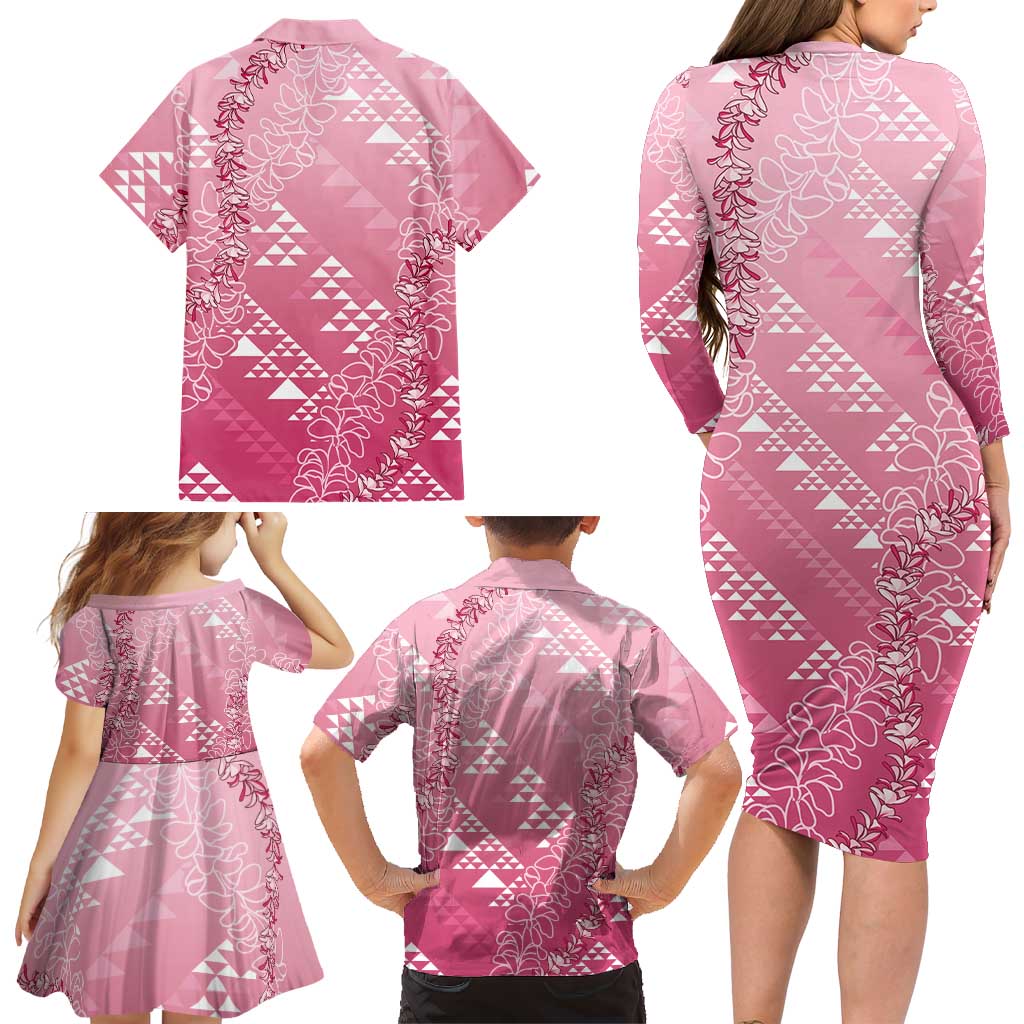 Hawaii Rose Pink Kapa Family Matching Long Sleeve Bodycon Dress and Hawaiian Shirt Vintage 'Ohe Kāpala Motifs Mix Plumeria Leis LT7 - Polynesian Pride