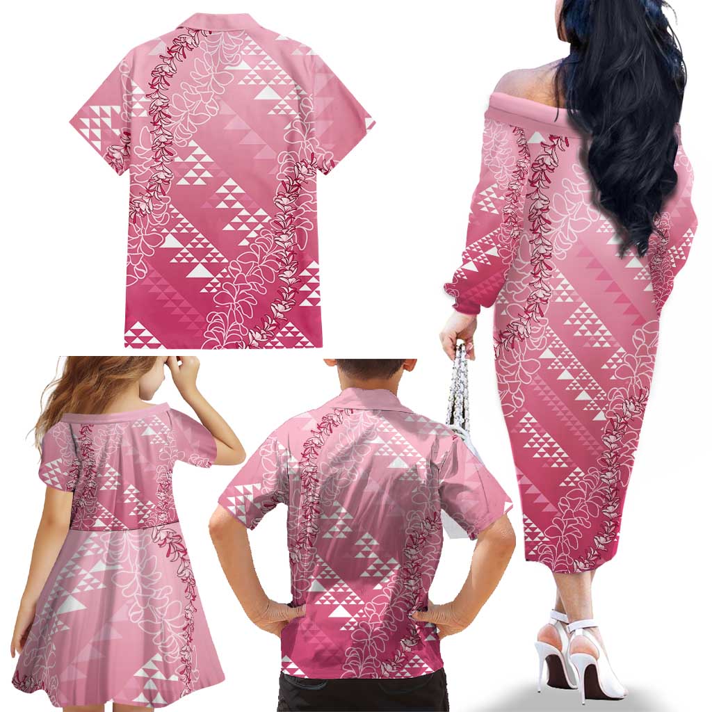Hawaii Rose Pink Kapa Family Matching Off The Shoulder Long Sleeve Dress and Hawaiian Shirt Vintage 'Ohe Kāpala Motifs Mix Plumeria Leis LT7 - Polynesian Pride