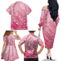 Hawaii Rose Pink Kapa Family Matching Off The Shoulder Long Sleeve Dress and Hawaiian Shirt Vintage 'Ohe Kāpala Motifs Mix Plumeria Leis LT7 - Polynesian Pride