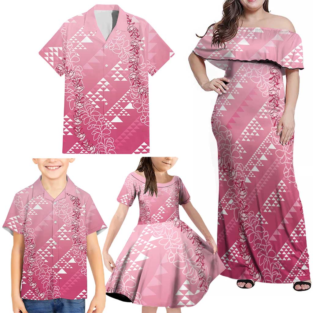 Hawaii Rose Pink Kapa Family Matching Off Shoulder Maxi Dress and Hawaiian Shirt Vintage 'Ohe Kāpala Motifs Mix Plumeria Leis LT7 - Polynesian Pride