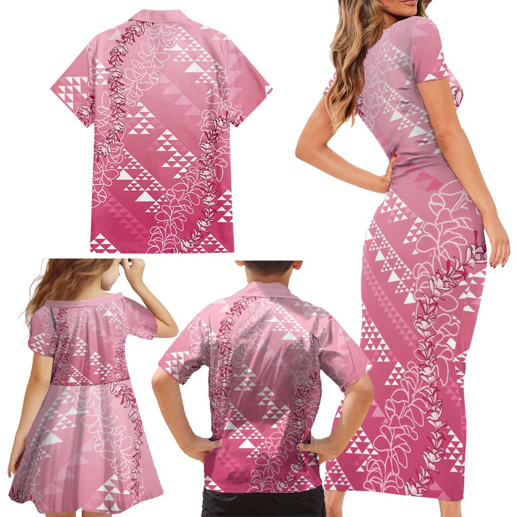 Hawaii Rose Pink Kapa Family Matching Short Sleeve Bodycon Dress and Hawaiian Shirt Vintage 'Ohe Kāpala Motifs Mix Plumeria Leis LT7 - Polynesian Pride